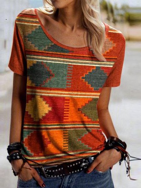 

Boho Tribal Geometric Casual Loosen Crew Neck Short Sleeve T-Shirt, Flower, T-Shirts