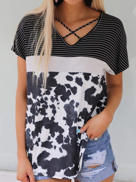 

Striped Cross Front Loosen Short Sleeve T-Shirt, Zebra-stripe, T-Shirts