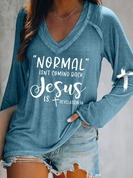 

Regular Fit Casual V Neck Letter Long Sleeve Tops, Blue, Long sleeve tops