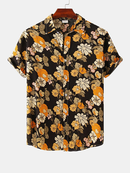 

Cotton Linen Botanical Floral Print Lapel Cozy Linen Shirt, As picture, Men's Floral shirt