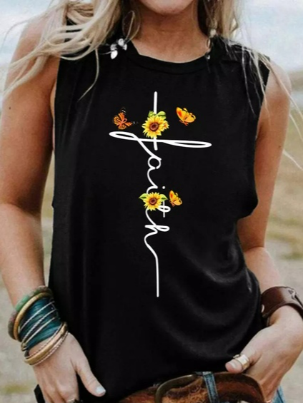 

Casual Butterfly Cotton Blends Knit Tank, Black, Tanks & Camis