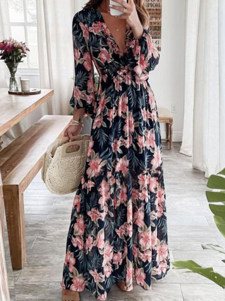 

Vacation Bishop Sleeve Floral Long Sleeve Women Dress, Navy blue, Maxi Dresses