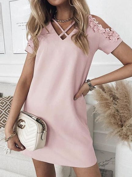 

Regular Fit Basics Lace Plain Short Sleeve Woven Dress, Pink, Dresses