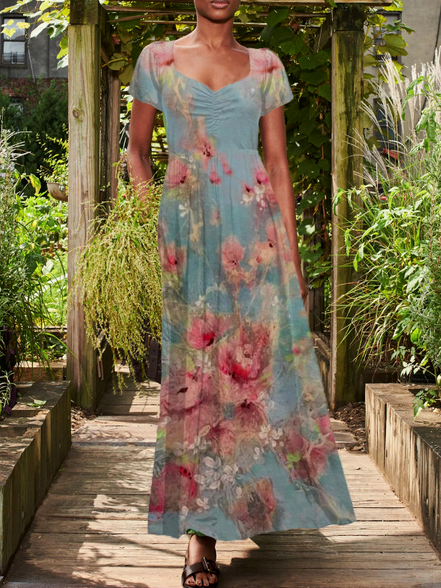 

Floral V Neck Vacation Short Sleeve women Dress, Multicolor, Dresses