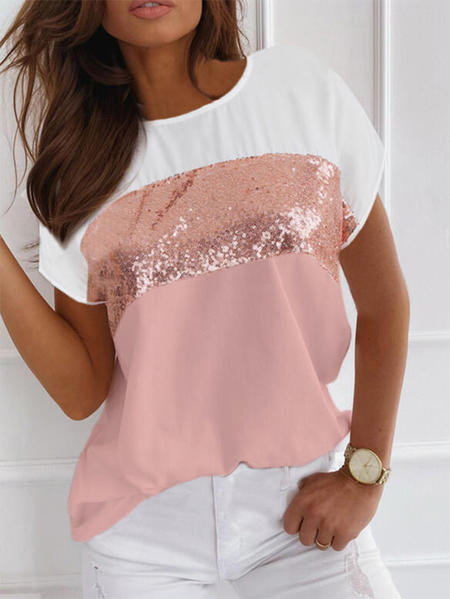 

Crew Neck Color Block Short Sleeve Casual T-Shirt, As picture, T-Shirts