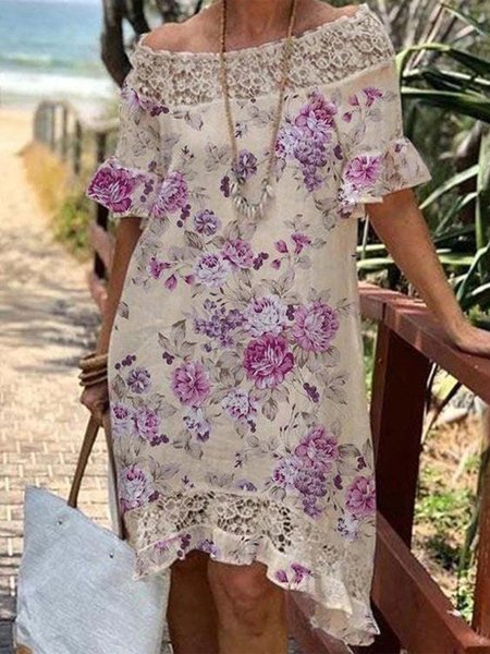 

Floral Lace Short Sleeve Plus Size Casual Dresses, Multicolor, Mini Dresses