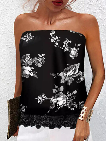 

Floral Off The Shoulder Casual Knit Tank Tops, Black, Tank Top