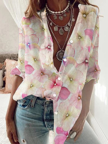 

Floral Loosen Casual Long Sleeve Blouse, Pink, Shirts & Blouses