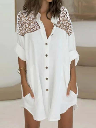 

Shirt Collar Loosen Casual Short Sleeve Woven Dress, White, Dresses