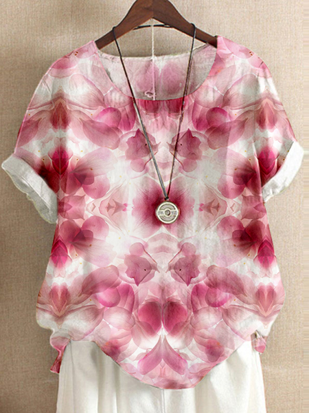 

Loosen Vintage Floral Short Sleeve Tops, Red, T-Shirts