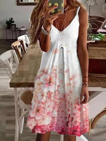 

Casual Floral Sleeveless V Neck Plus Size Printed Dress, Pink, Mini Dresses