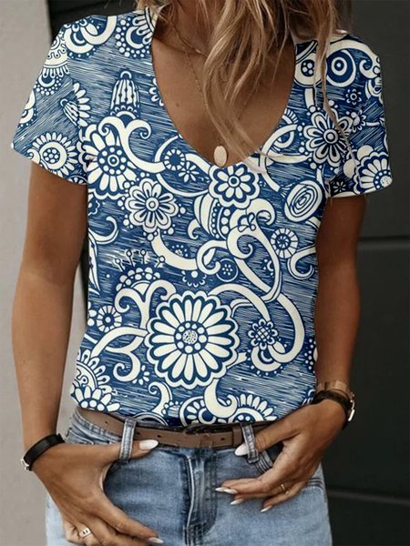 

Regular Fit Casual V Neck Short Sleeve Tribal Printed T-Shirt, Blue, T-Shirts