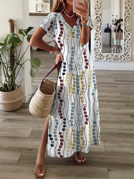 

Holiday wave dot line print loose split a hem dress long Plus Size, Multicolor, Dresses