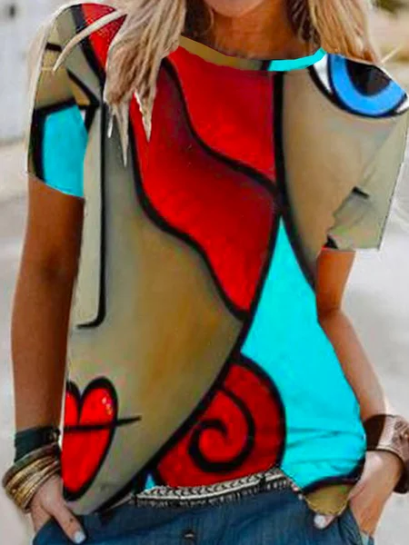 

Color Block Figure Printed Loosen Casual Crew Neck Short Sleeve T-Shirt, Flower, T-Shirts