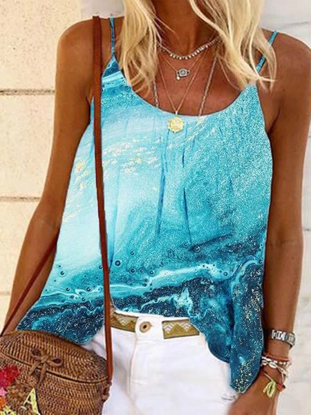 

Sea Sleeveless Crew Neck Plus Size Loose Fitting Casual Tank Tops, Blue, Tank Top