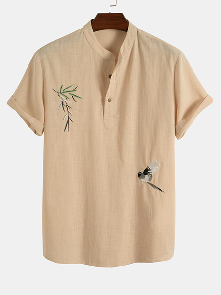 

Cotton Linen Botanical Print Casual Versatile Linen Shirt, As picture, Men's Floral shirt