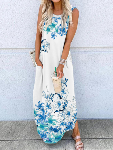 

Casual Floral Print Crew Neck Sleeveless Slit Maxi Dress, White, Dresses