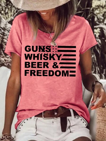 

Gun Whisky Beer And Freedom With America Flag Casual Letter Tops, Red, T-shirts