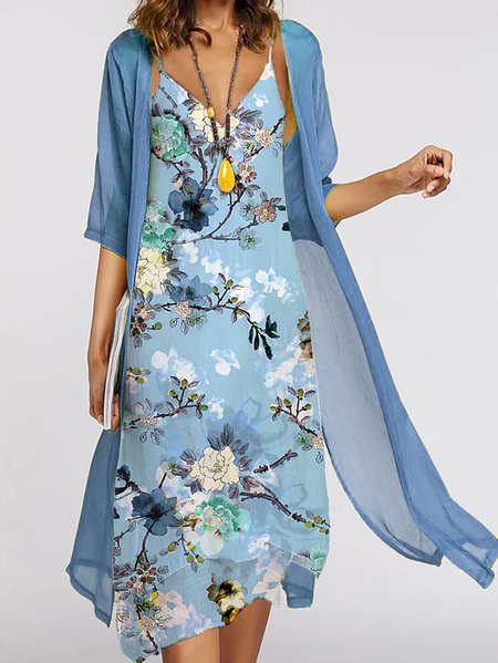 

Floral V neck Regular Fit Casual Two Piece Sets, Blue, Suit Set