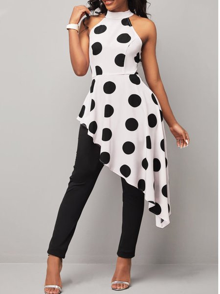 

Polka Dots Stand Collar Short Sleeve Top, Black-white, Tops