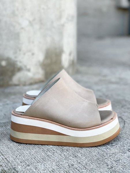 

Women's PU Leather Solid Color Wedge Sandals Slippers, Apricot, Sandals & Slippers
