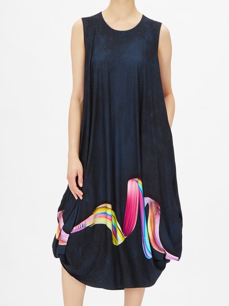 

Abstract Crew Neck Simple Short Sleeve Knit Dress, Dark blue, Midi Dresses