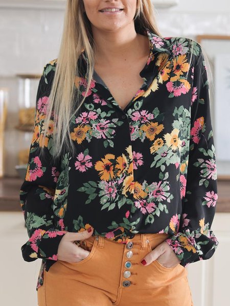 

Floral Loosen Casual Long Sleeve Blouse, Black, Blouses & Shirts