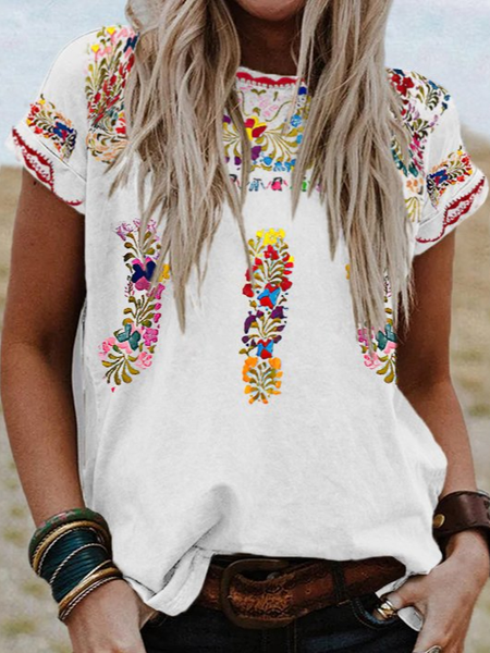 

Tribal Loosen Casual Short Sleeve T-Shirt, White, Tees & T-shirts