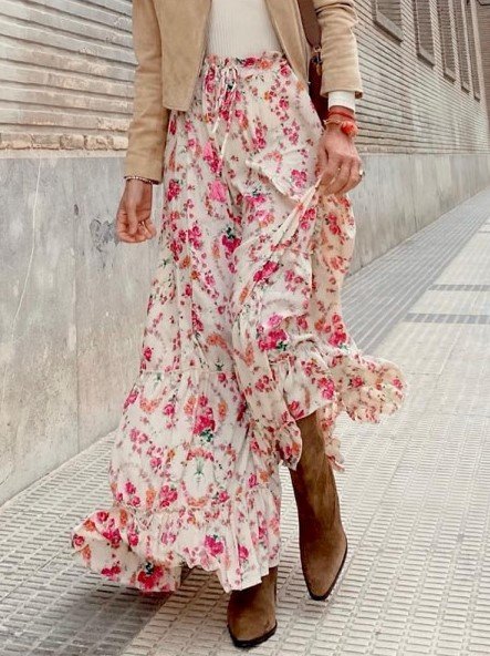 

Floral print early spring casual long skirt, Pink, Skirts