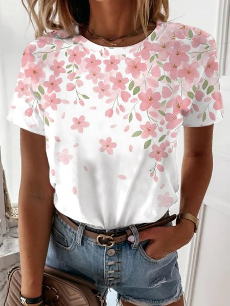 

Crew Neck Floral Loosen Short Sleeve T-Shirt, Pink-white, T-Shirts