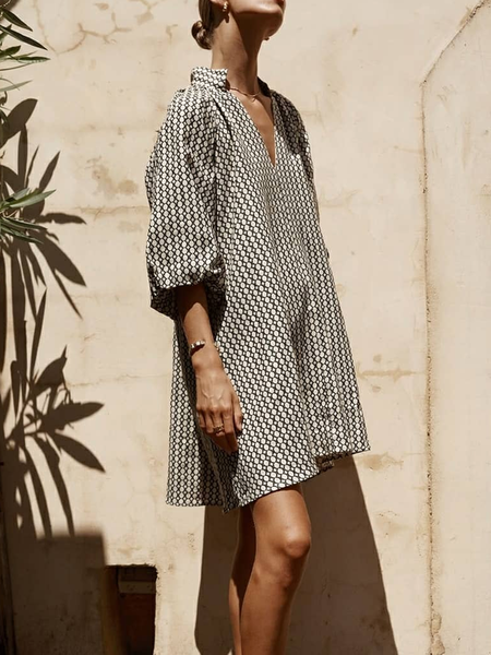 

V neck Vacation Half sleeve Woven Dress, Black, Mini Dresses
