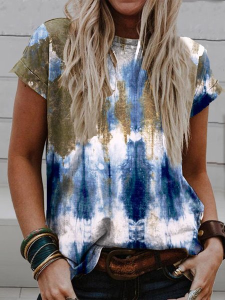 

Tie-dye printing spring new explosion style value-for-money comfortable ladies short-sleeved knitted T-shirt top, Multicolor, T-Shirts