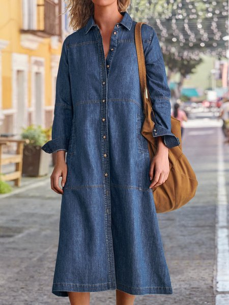 

Loosen Shirt Collar Casual Long Sleeve women Denim Dress, Blue, Dresses