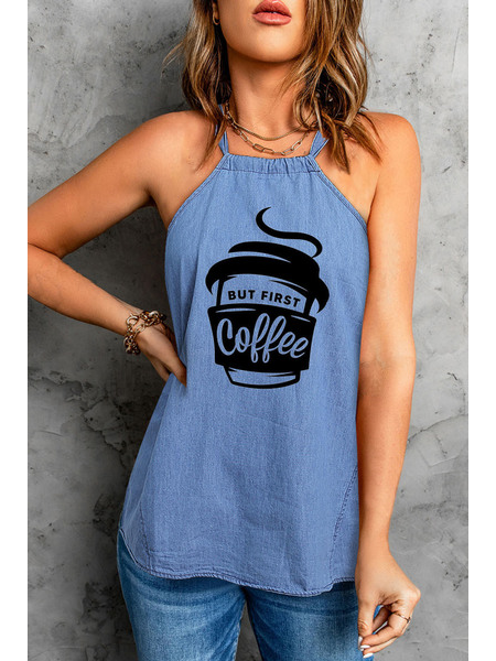 

Women Halter Casual Denim Knit Tank, Blue, Tanks & Camis