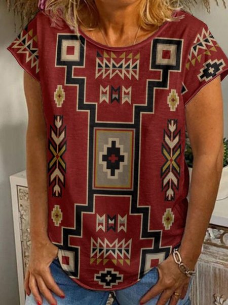 

Boho Tribal Geometric Casual Loosen Crew Neck Short Sleeve T-Shirt, Flower, T-Shirts