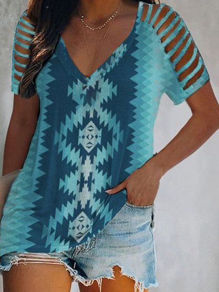 

West Styles/Cows Boho Tribal Geometric Casual Loosen V Neck Hollow Out Short Sleeve T-Shirt, Flower, T-Shirts