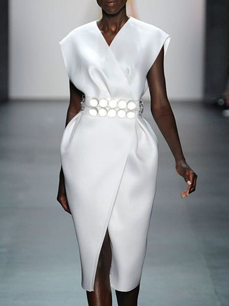 

Regular Fit Simple Short Sleeve Woven Dress, White, Midi Dresses