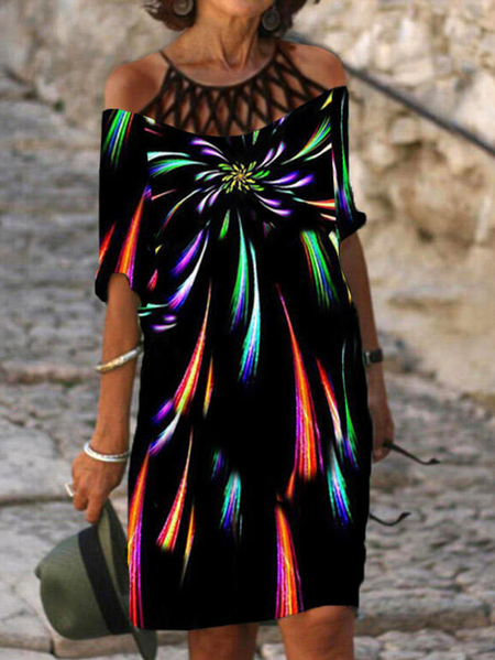 

Geometric Casual Short Sleeve Knit Dress, As picture, Mini Dresses