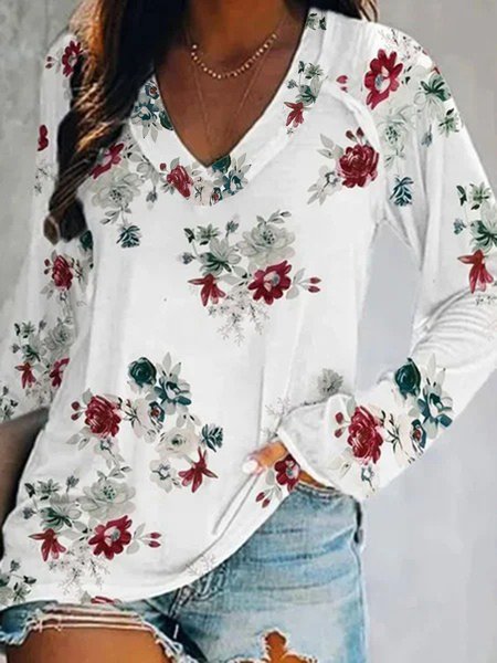 

Floral V Neck Casual Long Sleeve Loosen Long Sleeve T-shirt, White, T-Shirts
