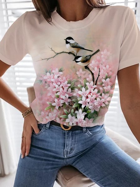 

Casual Floral And Bird Regular Fit Short Sleeve T-Shirt, Pink, T-Shirts