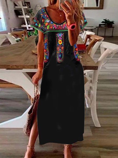 

JFN O Neck Floral Tribal Casual Mexican Dress, Black, Dresses