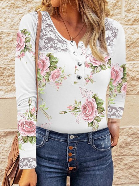 

Casual Lace Stitching Floral Print Spring New Explosive Style Value Comfort Ladies Long Sleeve Top, Multicolor, Long sleeve tops