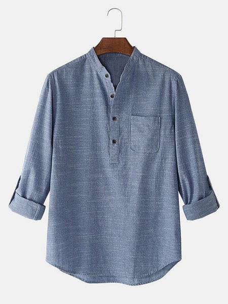

Men's Holiday Cotton Linen Henley Collar Shirt, Deep blue, Blouses&Shirts