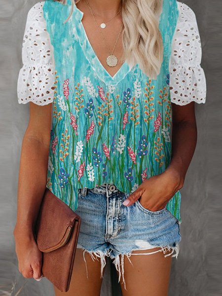 

Loosen V Neck Floral Short Sleeve Tops, Blue, T-Shirts