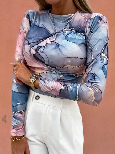 

Abstract Crew Neck Printed Long Sleeve T-Shirt, Blue, Tees