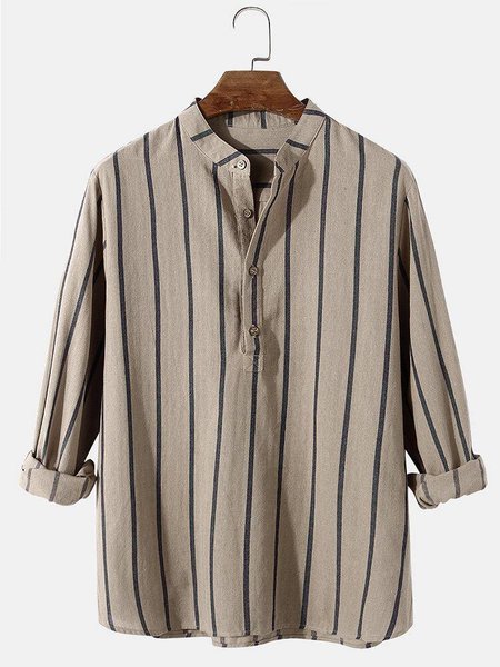 

Men's Holiday Cotton Linen Striped Henley Collar Shirt, As picture, Blouses&Shirts