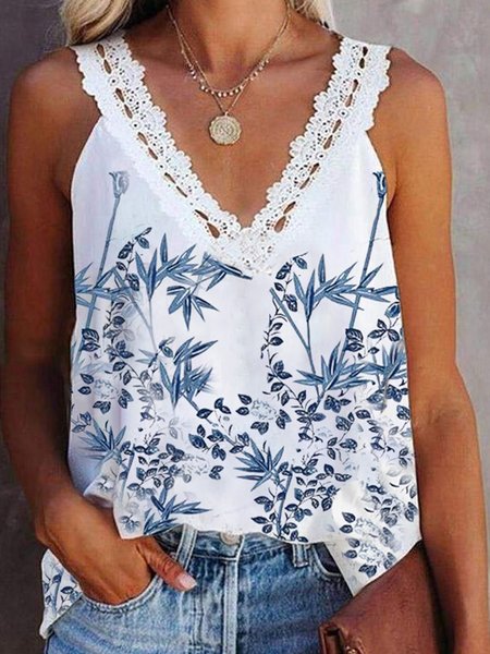 

Romantic Floral Printed Loosen Casual Lace V Neck Knit Tank, Flower, Tank Top