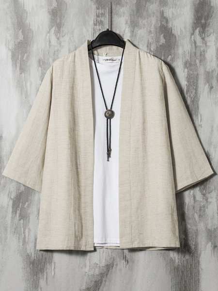 

Men's Plain Cotton Linen Loose Cardigan Jacket, Khaki, Jacket