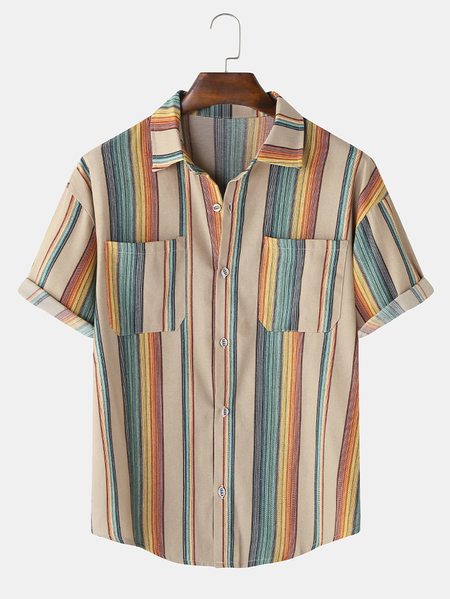 

Men's Resort Cotton Linen Striped Shirt, As picture, Blouses&Shirts