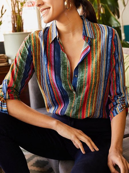 

Daily Casual Long Shirt Collar Sleeve Striped Top, Multicolor, Tops